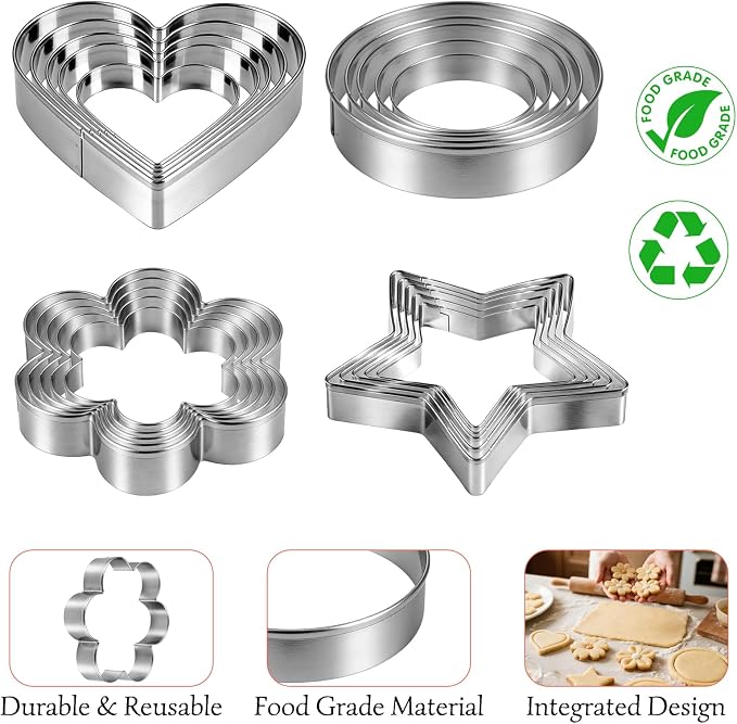 Ninsula Cookie Cutters 20P, Stainless Steel Cookie Cutters Variety Pack, Heart, Flower, Round, Star Shapes Clay Molds for Baking, Art Crafting or Party Decorations