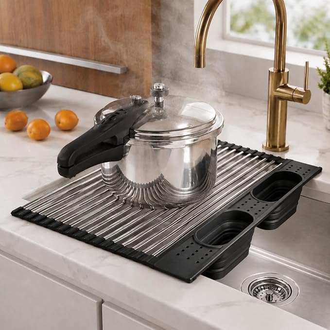 Roll Up Dish Drying Rack Over Sink, Stainless Steel, Black, 17.5"
