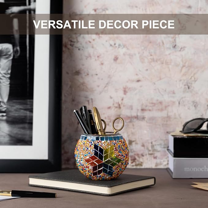 KAFTHAN Mosaic Glass Large Single Candle Holder - Round Bowl, Plant Pot, Votive Candle Holder - Decorative Vase & Unique Table Centerpiece for Wedding, Ball & Home - (3.7" x 3.5", Multicolor Star)