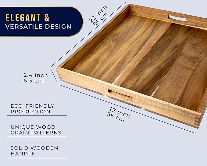 Extra Large (22") Comfify Square Premium Acacia Wood Ottoman Tray with Handles - Use for Serving Food in Style for Dinner, Breakfast, Snacks, BBQ, Entertaining Guests & More - Brown