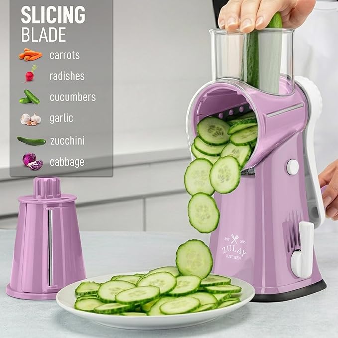 Zulay Kitchen Rotary Cheese Grater 5 Blade Cheese Shredder - Manual Hand Crank Cheese Grater With Reinforced Suction & 5 Interchangeable Drums - Easy to Use, Vegetable Chopper Round Mandoline Slicer