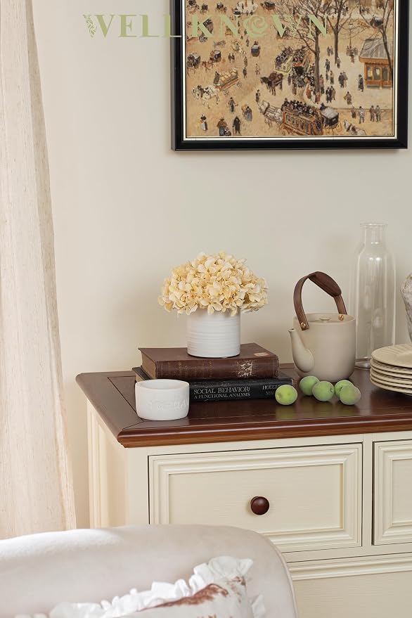 Fake Silk Hydrangea Flowers in Vase, Artificial Flowers with White Ceramic Vase, Small Potted Floral Arrangement for Home Kitchen Counter Vanity Coffee Table Centerpiece Bathroom Decor (Champagne)