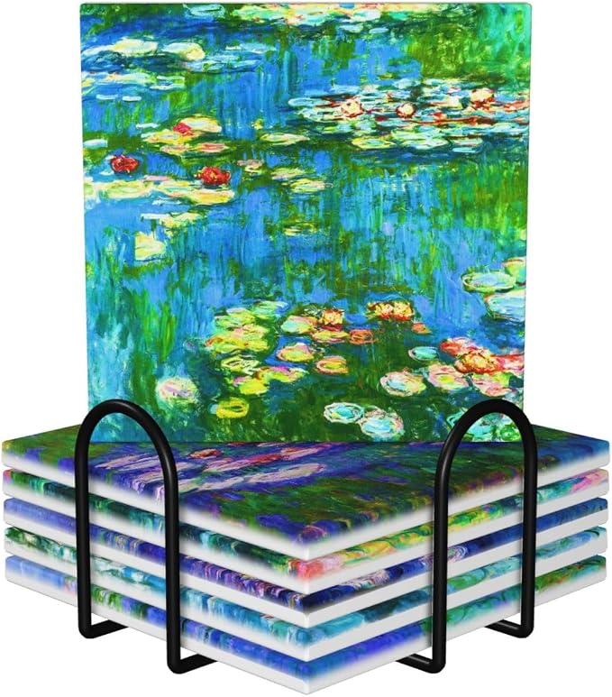 Drinks Absorbent Coasters with Holder Set of 6, Coffee Table Decor, Ceramic Stone Coaster with Cork Base Tabletop Protection Mat for Mugs and Cups,Office,Kitchen (Monet Water Lilies 2)