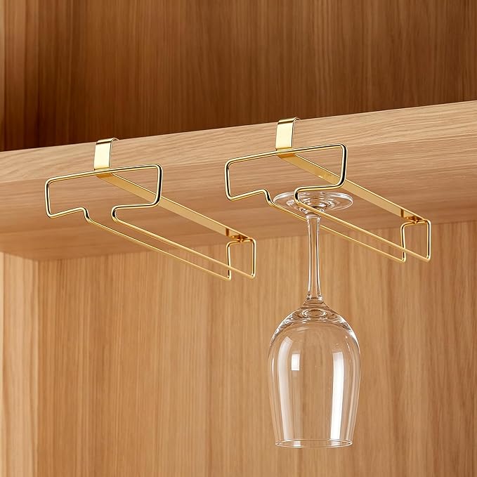 GLOBLELAND 2 Pack Under Cabinet Wine Glass Holder Under Shelf Gold Wine Glass Rack Stemware Rack Hanging Stemware Holder Metal Organizer Storage Hanger for Bar Kitchen