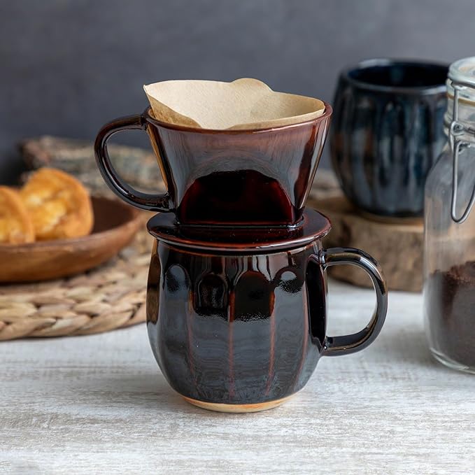 Asayu Japan Ceramic Coffee Pour Over Maker Set in Chocolate Brown, Slow Brewing Paper Filter Holder and Dripper with 3 Holes for Coffee and Tea (Coffee Dripper Cone)