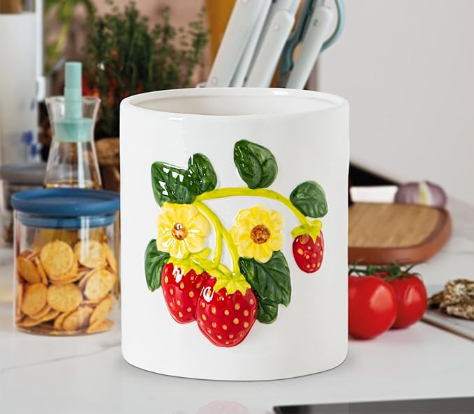 dgudgu Strawberry Kitchen Utensil Holder for Countertop Ceramic Utensil Crock for Kitchen Counter with Carved Strawberry Vine Design White Farmhouse Counter top Organizer for Spoons,Spatulas (yellow)