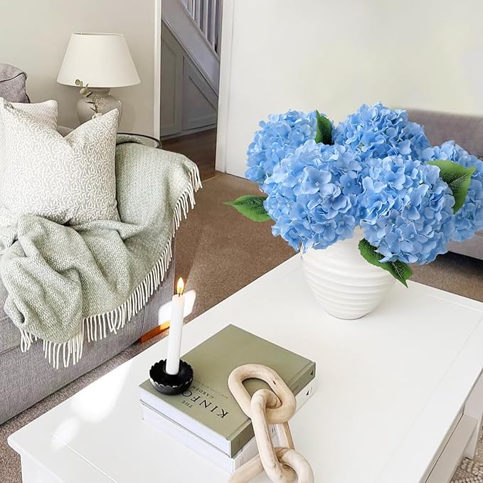 JINWOE Blue Flowers Hydrangea Artificial Flowers, 5Pcs 20Inch Large Lifelike Silk Artificial Hydrangeas, Full Fake Flowers for Bouquet Table Centerpieces Wedding Indoor Home