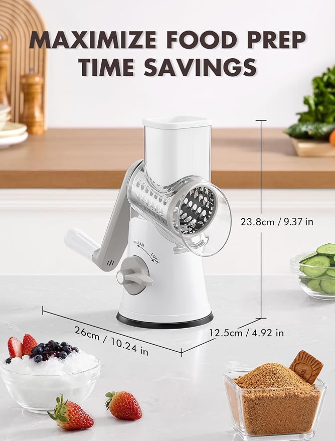 GDL Rotary Cheese Grater Hand Crank with 5 Interchangeable Blades - Upgraded Cheese Shredder Featuring Strong Suction Base for Cheese Shredding, Wavy Slicing, Nut Grinding, Ice Shaving