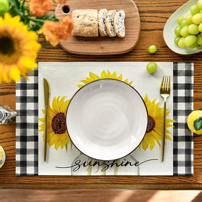 Niviy Sunflower Placemats Set of 4, 12x18 Inch Sunshine Vase Summer Spring Table Mats for Holiday Party Kitchen Dining Room Decoration