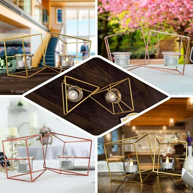 Efavormart 9" Rose Gold Geometric Candle Holder Set 2 Metal Geometric Centerpieces Joint Together