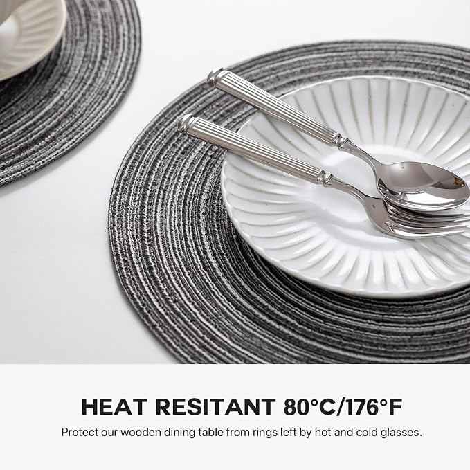 Round Placemats Set of 6 Woven Placemats Washable Braided Table Mats for Dining Table Heat Resistant Non-Slip Circle Place Mats(Mixed Gray)