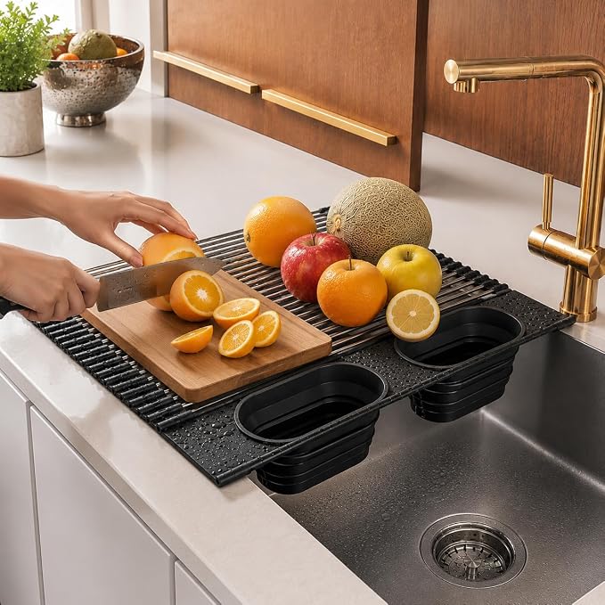 Roll Up Dish Drying Rack Over Sink, Stainless Steel, Black, 17.5"
