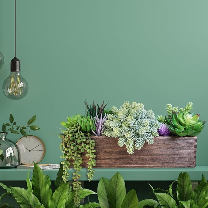 Winlyn 15" Assorted Artificial Succulent Arrangement Assorted Succulents in Rectangular Wooden Planter Faux Potted Plant for Farmhouse Table Centerpiece Windowsill Shelf Desk Mantel Greenery Décor