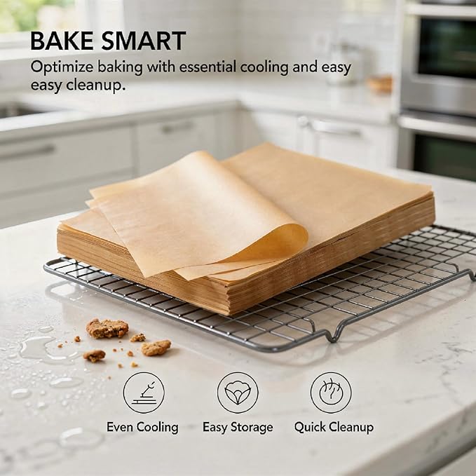 3-Tier Collapsible Cooling Rack for Baking, Stackable Cookie Rack with Detachable Design, Foldable Legs, Baking Sheets Set with 100 Pcs 6x8 Inch Baking Paper, 15.7x9.8 in Metal Cooling Rack