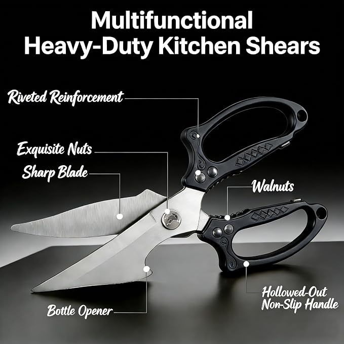 Black Heavy Duty Kitchen Shears, Stainless Steel Multipurpose Food Scissors for Chicken, Meat, Poultry & Vegetables, Sharp Kitchen Scissors for Daily Cooking