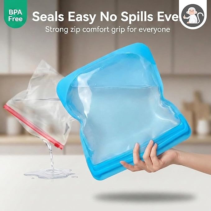Albino Monkey Reusable Silicone Food Storage Bag, Extra Large XXL 1 Gallon 135 oz - Airtight Leakproof Stand-Up Freezer Bag for Meal Prep, 100% Food-Grade Silicone, BPA-Free (Blue, 1-Pack)