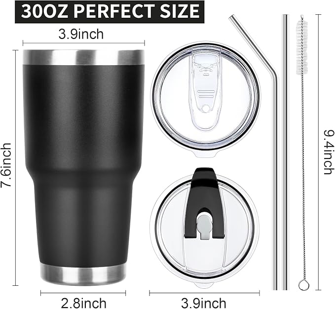 30 oz Tumbler with Lids and Straws Double Wall Vacuum Insulated Tumbler,Stainless Steel Leak-proof Tumbler Cup Powder Coated Travel Coffee Mug for Cold and Hot Drinks,Black Pink,2 pack