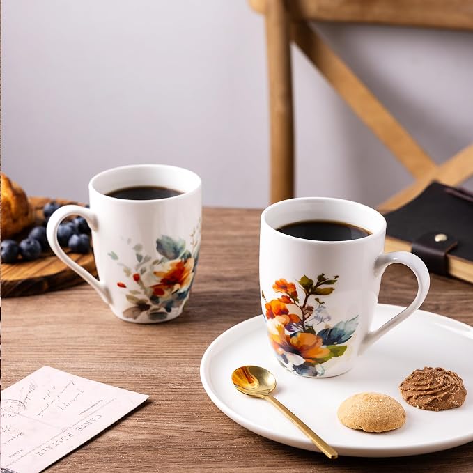 GBhome 12oz Coffee Mugs Set fo 6, Ceramic Coffee Mugs with Decaled Flowers for Man Woman Mom Dad, Light Weight Coffee Mugs Set for Latte/Cappuccino/Cocoa/Milk, Dishwasher & Microwave Safe