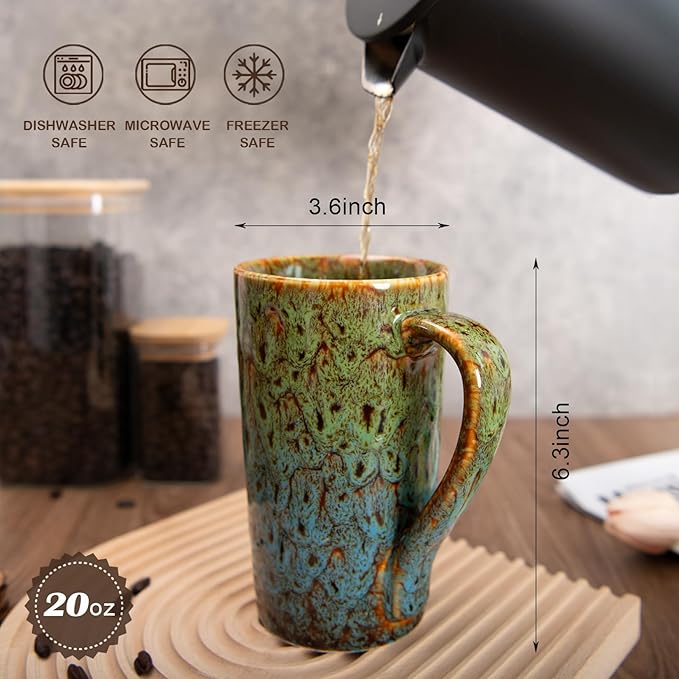 20oz Porcelain Coffee Mugs Set of 4, Large Tall Coffee Mugs with Handles, Modern Ceramic Coffee Cups for Tea, Cocoa, Milk, Gifts for Women Men - Green & Blue