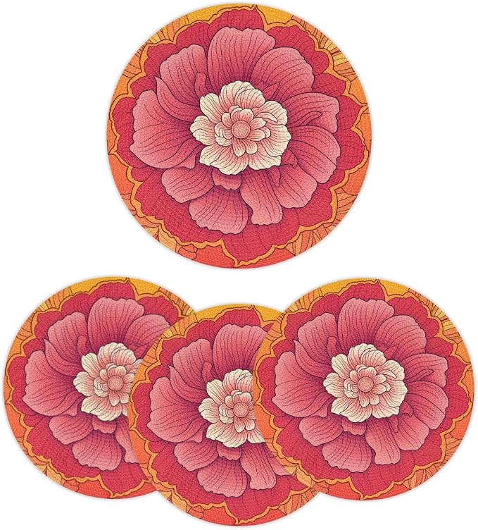 Round Placemats Set of 4, Pink Orange Flowers Woven Placemats Mats Non-Slip Heat Resistant Washable Table Mats Round Braided Place for Farmhouse Kitchen Dining Party Decor 15in