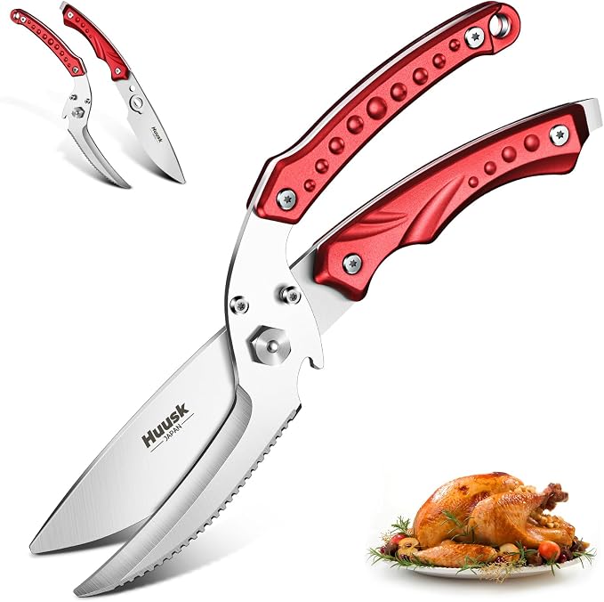 Huusk Kitchen Scissors All Purpose Detachable Poultry Shears with Serrated Edge Heavy Duty Cooking Scissors for Chicken Bone Turkey Fish Burgundy
