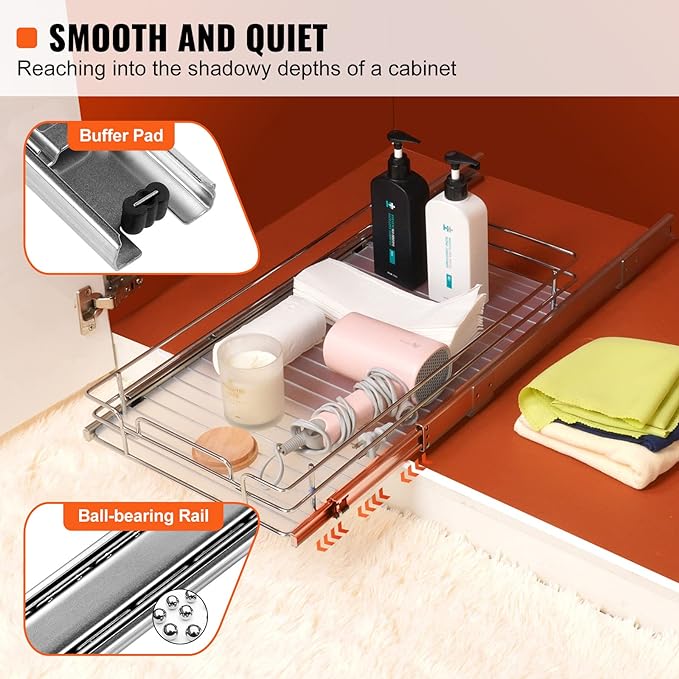 VEVOR 12.5"Wx16.5"Dx3.5"H Pull Out Cabinet Organizer, Heavy Duty Slide Out Pantry Shelves, Chrome-Plated Steel Roll Out Drawers Storage, for Home, Under Sink, 14"Wx17.5"Dx7"H Install Size for Cabinet