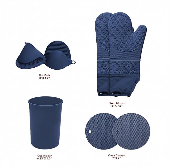 OVENTE Silicone Cooking Utensils Set, 17pcs Heat Resistant Kitchen Tools and Gadgets for Nonstick Cookware, BPA Free Spatula Set with Wooden Handle, Cup Holder, Oven Gloves and Hot Pads, Blue SPS17BL