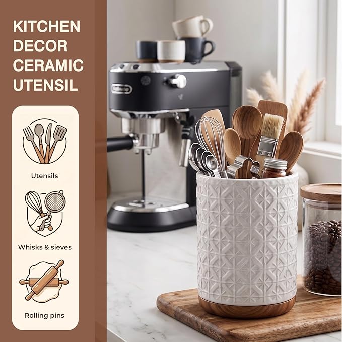 Boho Kitchen Decor Ceramic Utensil Holder with Wooden Base, Checkered Utensils Holder for Farmhouse Indoor Decorations, Utensil Crock for Kitchen Counter Utensil Organizer for Spatula & Spoon