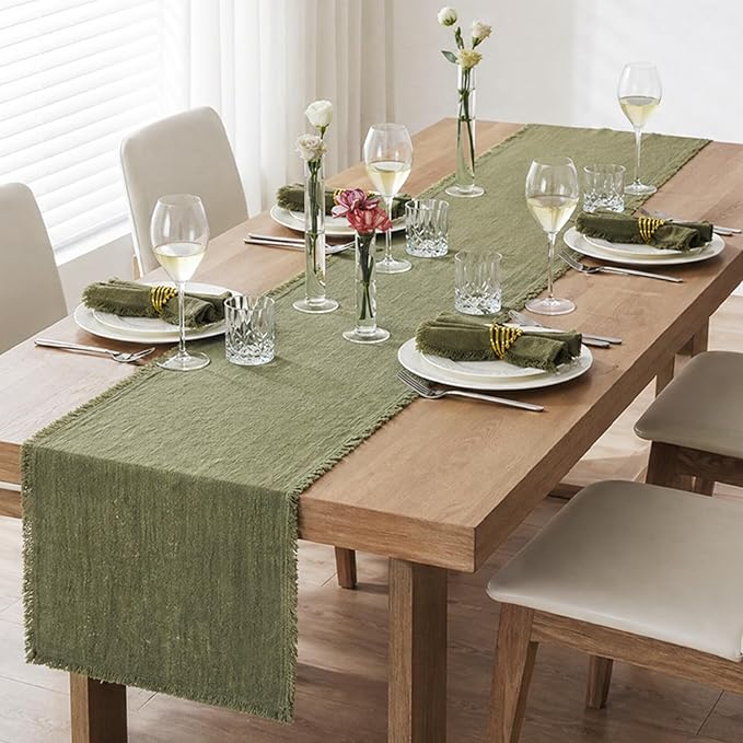KINGSTONE 14 x 72 Inches Frayed Edge Table Runner, 270G Heavyweight Sand Washed Slub Texture Cotton Linen for Modern Farmhouse, Rustic Home Decorations Dining Room Wedding Boho Decor, Moss Green