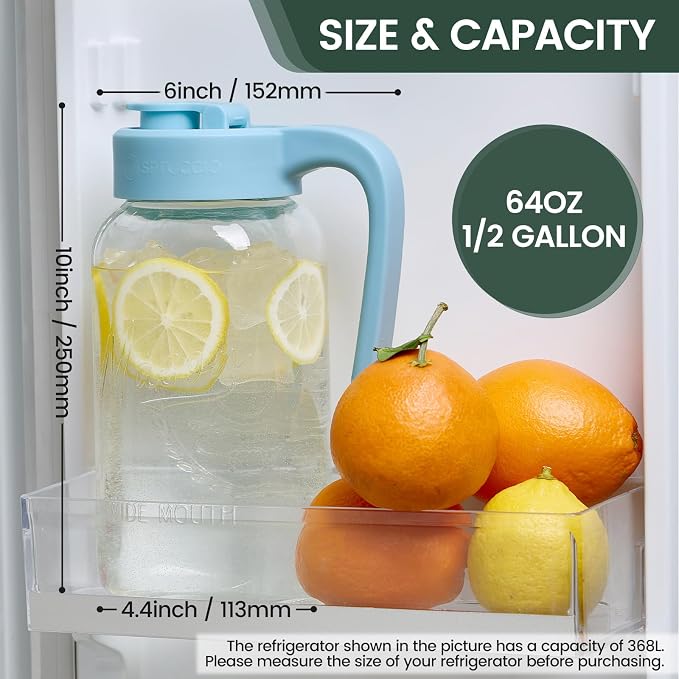 Mason Jar Pitcher - Airtight & Leakproof Glass Pitcher with Lid, Perfect for Breastmilk, Cold Brew, and Sun Tea, 2 Quart (64 oz) Mason Jar with Pour Spout Lid