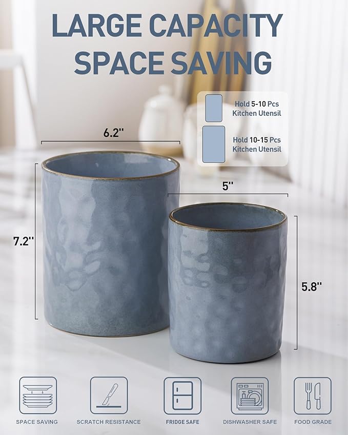 famiware Ocean Utensil Holder, 7.2"+5.8" Ceramic Kitchen Utensil Holder for Countertop, 2 Pieces Cooking Utensil Crocks, Utensil Organizer for Spatula & Spoon, Kitchen Decor, Set of 2, Blue
