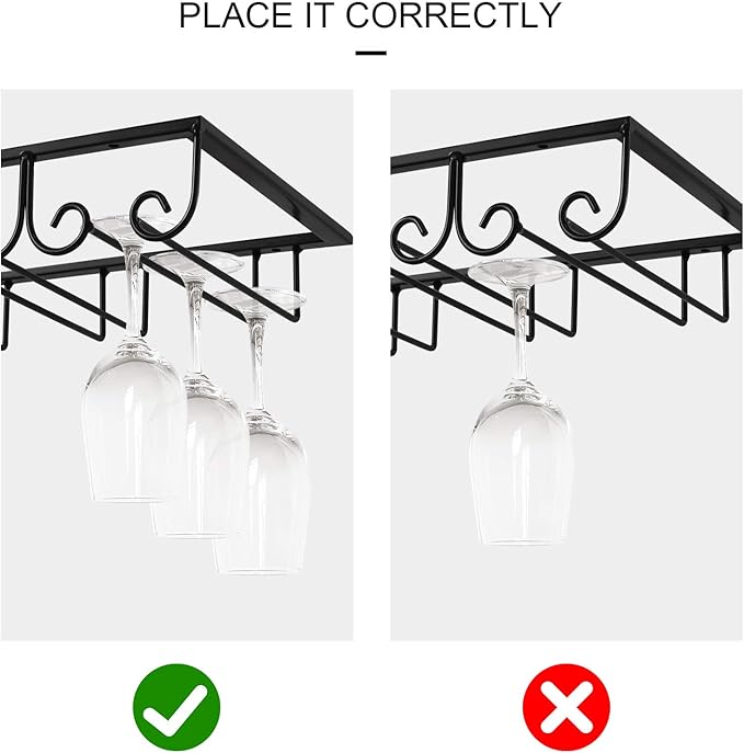 MOCOUM Under Cabinet Glass Rack, Stemware Hanger - 3 Rows Wine Glass Holder for Kitchen Cabinet Bar (Black)