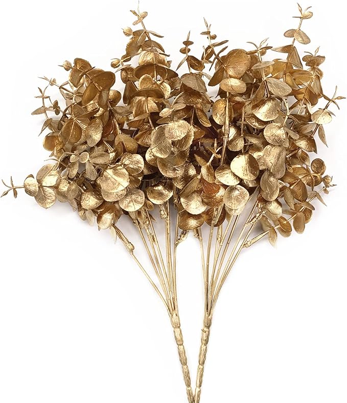 Artificial Gold Plants Decorations, Fake Plastic Golden Eucalyptus Shrubs Faux Simulation Foliage for Christmas Wedding Party Indoor Hotel Hall Home Table Centerpieces DIY Decor Planting Filler 2 Pack