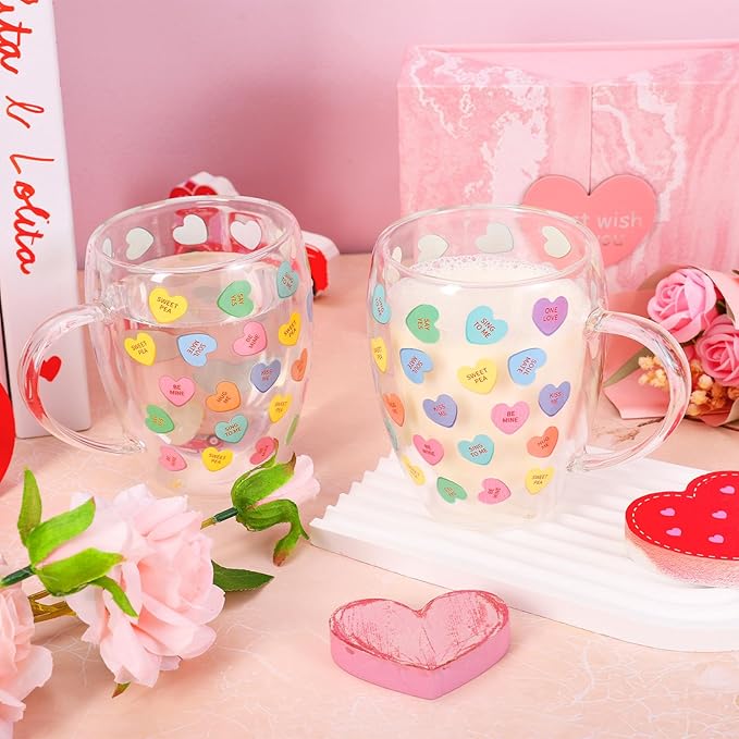 JarThenaAMCS Valentine' s Day Double Wall Glass Coffee Mugs Insulated Glasses 12Oz Candy Conversation Heart Clear Espresso Cups with Handle for Home Holiday Supplies, Set of 2