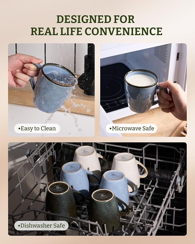 famiware Coffee Mugs Set of 6,Ocean Round 11.5oz Coffee Cup Set with Handle for Cocoa, Milk, Hot Chocolate, Tea or Water, Stoneware Cups for Kitchen, Reactive Glaze, Microwave Dishwasher Safe, Blue