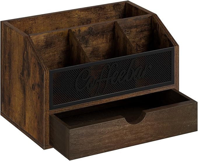 YINMIT Coffee Station Organizer with Drawer for Countertop, Wood Coffee Bar Organizer with Removable Dividers for Pods, Syrup, Cups, Stirrer, Tea, Iron Mesh-Vintage Brown, 2 Tier