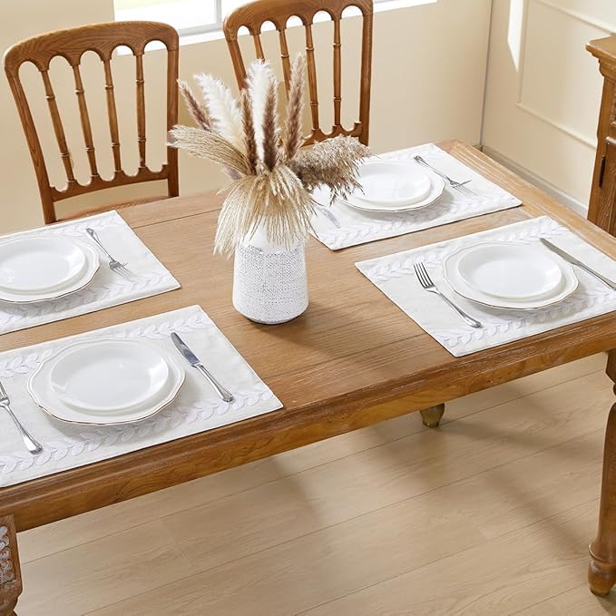 Wracra Embroidered Placemats, 13 x 18 Inch Set of 4 Placemats, Irregular Willow Rustic Place Mats for Kitchen Table and Heat Resistant, White 4PCS