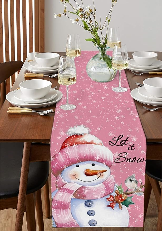 Snowman Christmas Table Runner - 72 Inch Long, Pink Xmas Winter Snowflake Dining Table Runner Dresser Scarves, Rustic Let Snow Bird Christmas Decor for Coffee Table Wedding Party Banquet, 14x72 in