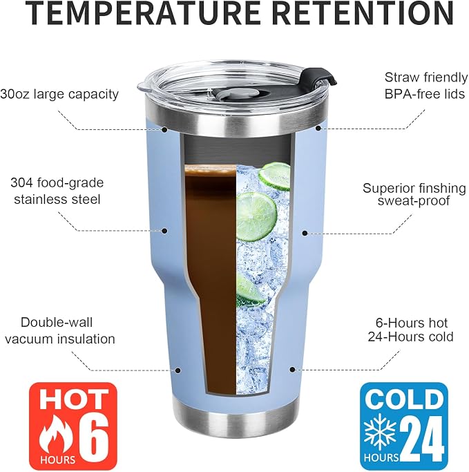 30 oz Tumbler with Lids and Straws Double Wall Vacuum Insulated Tumbler Cup,Stainless Steel Leak-proof Thermal Tumbler Travel Coffee Mug for Cold and Hot Drinks,Baby Blue