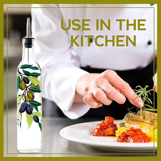 17oz Hand Painted Glass Olive Oil Bottle Dispenser - 500ml Green Oil & Vinegar Cruet with Pourers - Olive Oil Carafe Decanter for Kitchen (olive2)