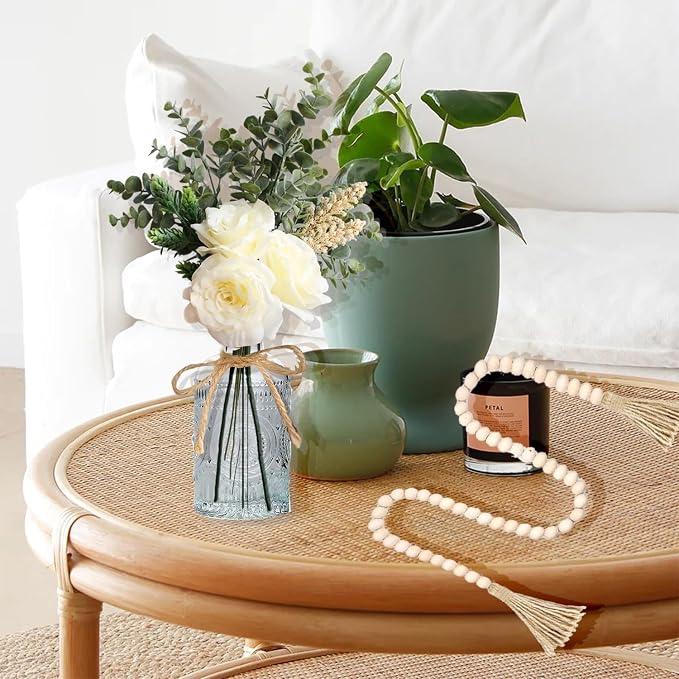 Flower Arrangement with Vase, Artificial Flowers Silk Roses Flower Bouquet in Vase, Faux Flower Arrangements,Farmhouse Table Decor,Table Decorations for Living Room,Coffee Table Decor
