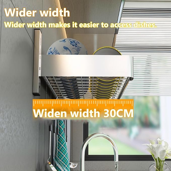 Wall Mounted Kitchen Dish Organizer Rack, 2 Tier Hanging Dish Drying Rack Over Sink, Adjustable Height Bowl Holder, Stainless Steel Storage Shelf for Kitchen Counter (60x30x50 cm / 23.6x11.8x19.7 in)