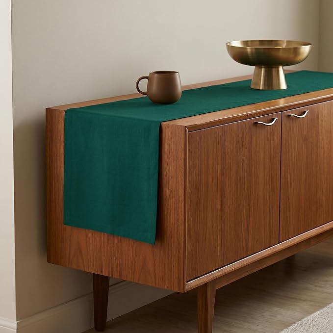 Solino Home Linen Rainforest Green Table Runner 60 Inches - 100% Pure Linen Farmhouse Short Table Runner 14 x 60 Inch Ideal for Dresser and Coffee Tables - Fete