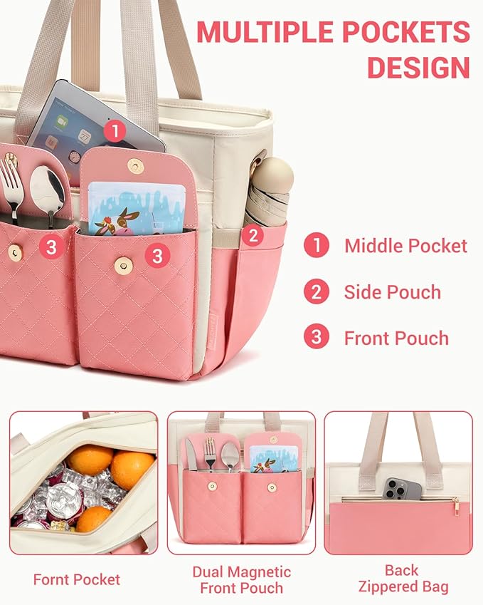 RalChyez Lunch Box for Women, Large Lunch Tote Leakproof Adult Lunch Bag Insulated Lunch Cooler Purse with Storage Pocket for Work Picnic Beach Trip Pink