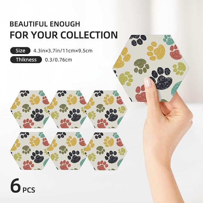 Cute Funny Dog Paw Print Hexagon Drinks Coasters Absorbent Stone with Holder Set of 6, Colorful Animal Beige Kids Cat Claw Footprint Ceramic Coaster for Coffee Table Protection (Hexagonal)
