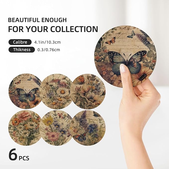 Boho Floral Vintage Flower 6 Pcs Coaster Set with Holder Round Ceramic Coasters Pretty Romantic Blossom Daisy Butterfly Absorbent Cup Drink Coasters Set for Modern Coffee Table Bar Wine Beer Protect