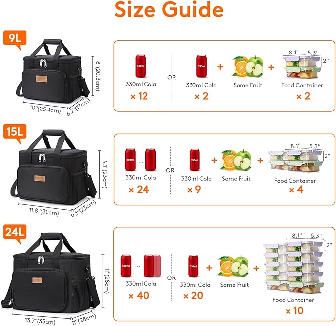 Lifewit Large Lunch Bag, Insulated Lunch Box, Soft Cooler Cooling Tote for Adult Men Women, Black 24-Can (15L)