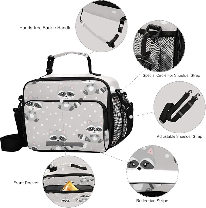 Kcldeci Raccoon Cute Lunch bag, Portable/Reusable Lunch Box for Women/Men/Adult, Insulated Cooler Tote Bag for Work/School/Travel/Picnic