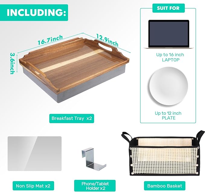 DRELIFAM Lap Desk with Cushion,Wooden Bed Tray Table for Eating,Lap Tray in Recliner,Breakfast Tray,TV Dinner Bed Food Trays (2 Acacia Wood A with 1 Basket)