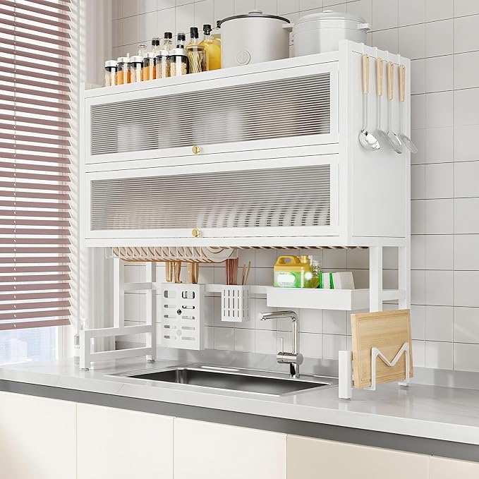 Over The Sink Dish Drying Rack Space-Saving 3 Tier with Cover Dish Rack with Dustproof Cover and Knife Holder Large Capacity Kitchen Organizer for Plates, Bowls, and Pots(White,85cm)